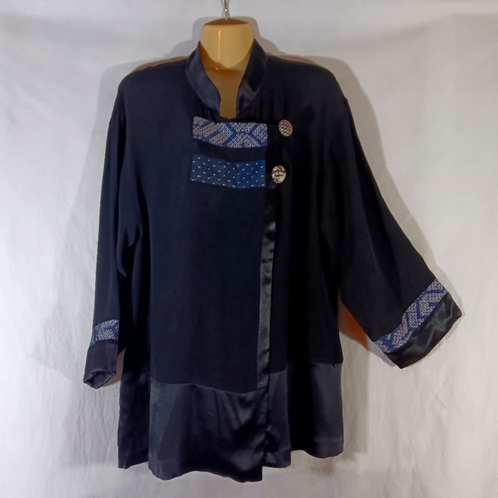 Yasuko Vintage Womens Black Jacket Kimono Blazer Lagenlook Boho Silk Blend